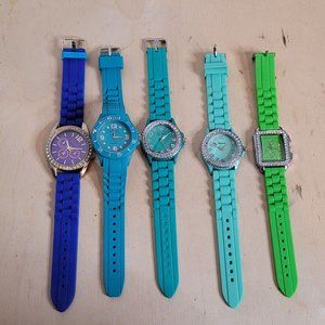 Geneva Watch Lot of 5 Blue Green Silicone Bands Untested No Batteries For Parts